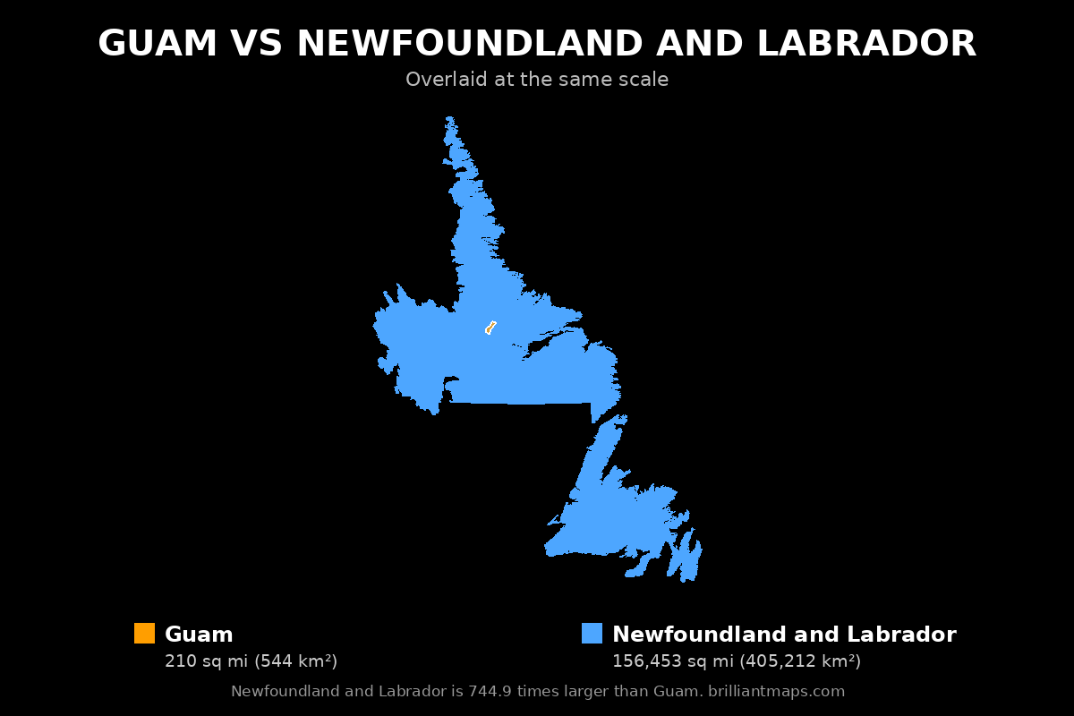 Guam vs Newfoundland and Labrador Size Comparison Map