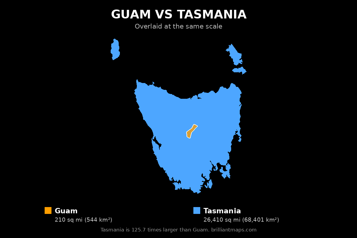 Guam vs Tasmania Size Comparison Map