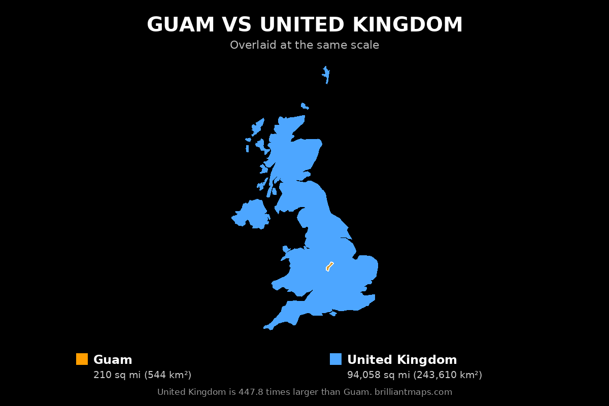 Guam vs United Kingdom Size Comparison Map