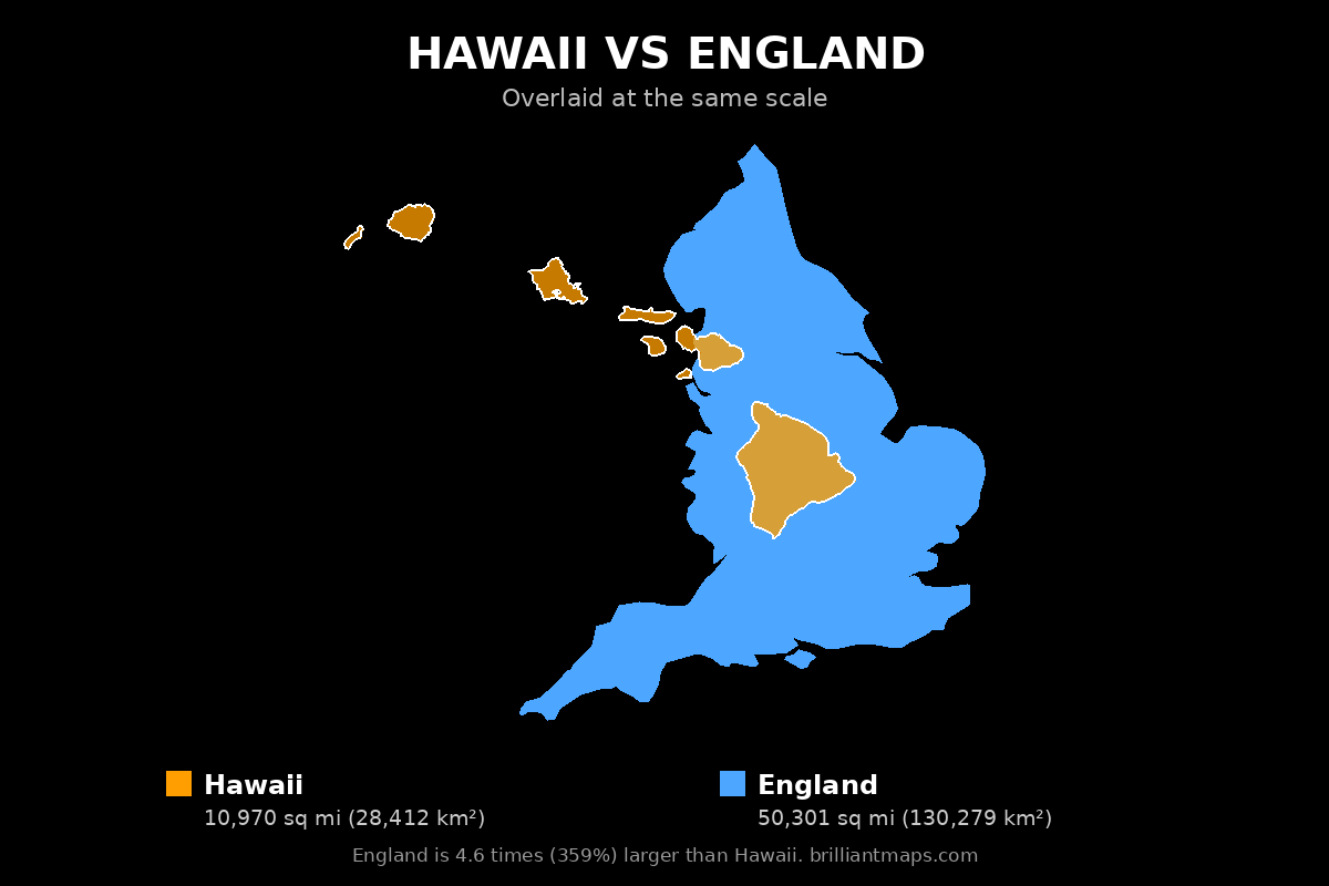 Hawaii vs England Size Comparison Map