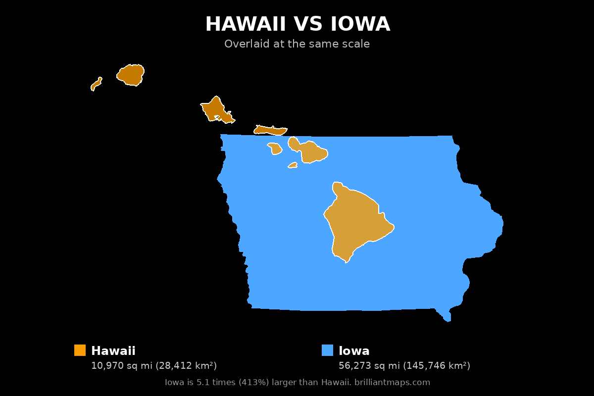 Hawaii vs Iowa Size Comparison Map