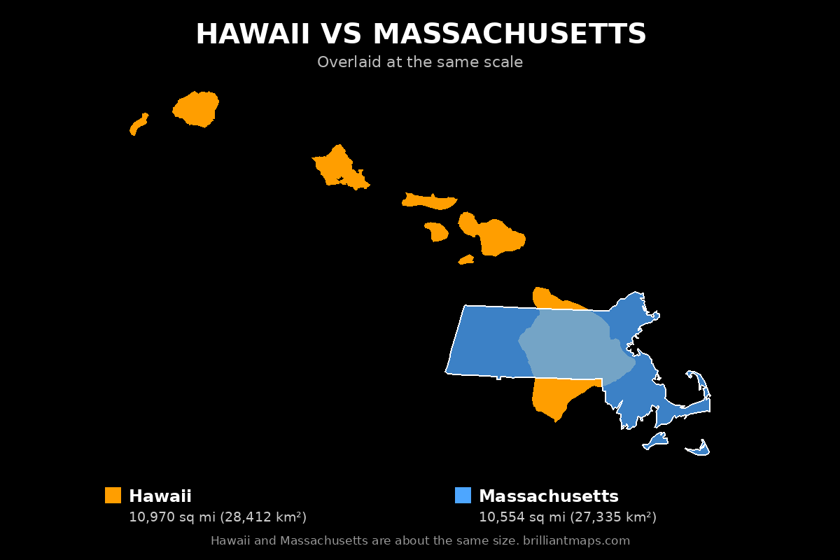 Hawaii vs Massachusetts Size Comparison Map