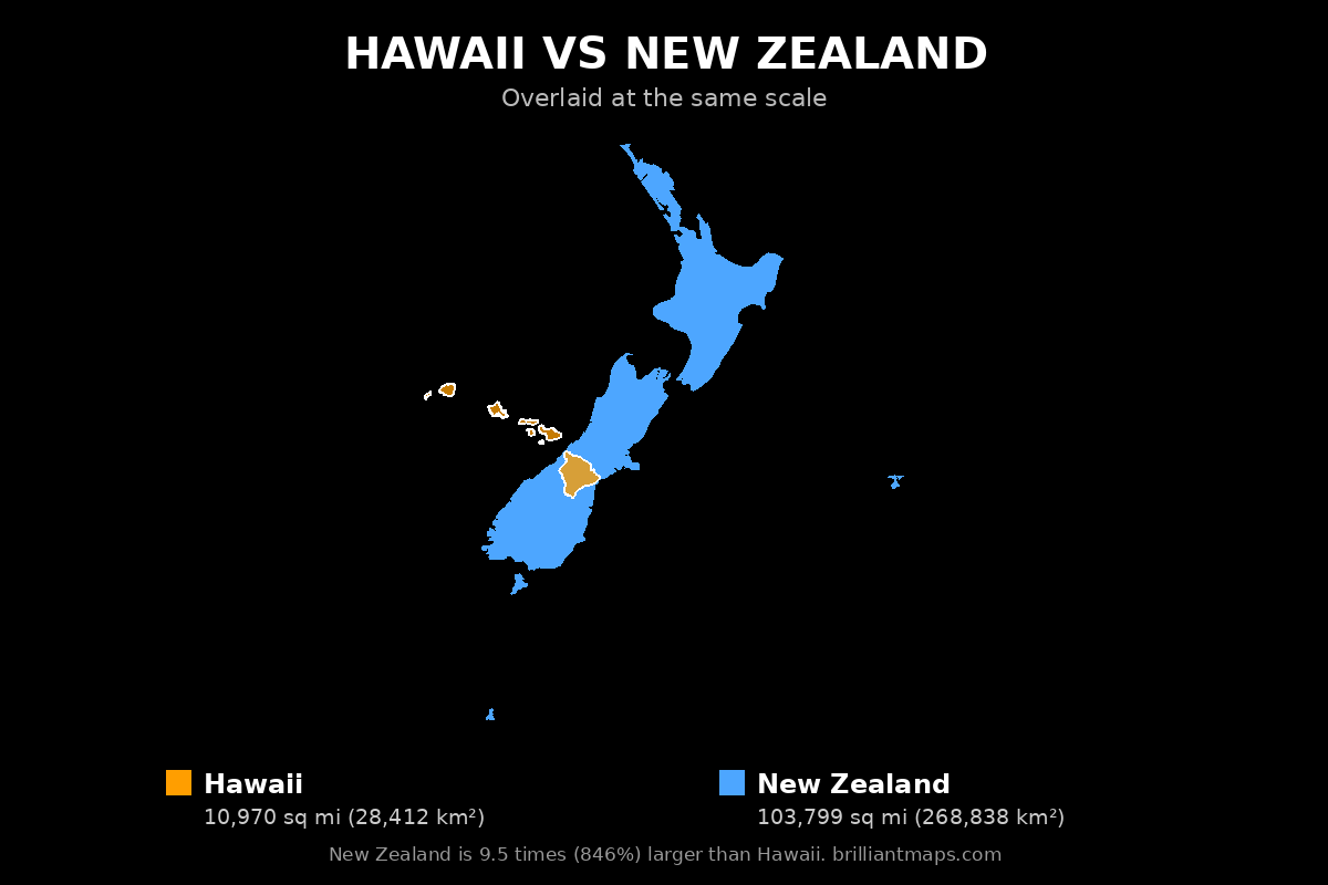 Hawaii vs New Zealand Size Comparison Map