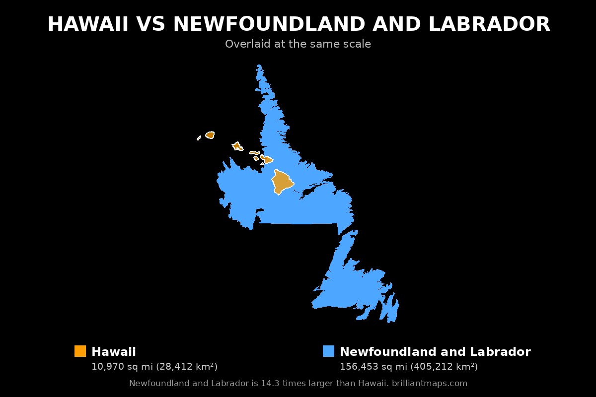 Hawaii vs Newfoundland and Labrador Size Comparison Map