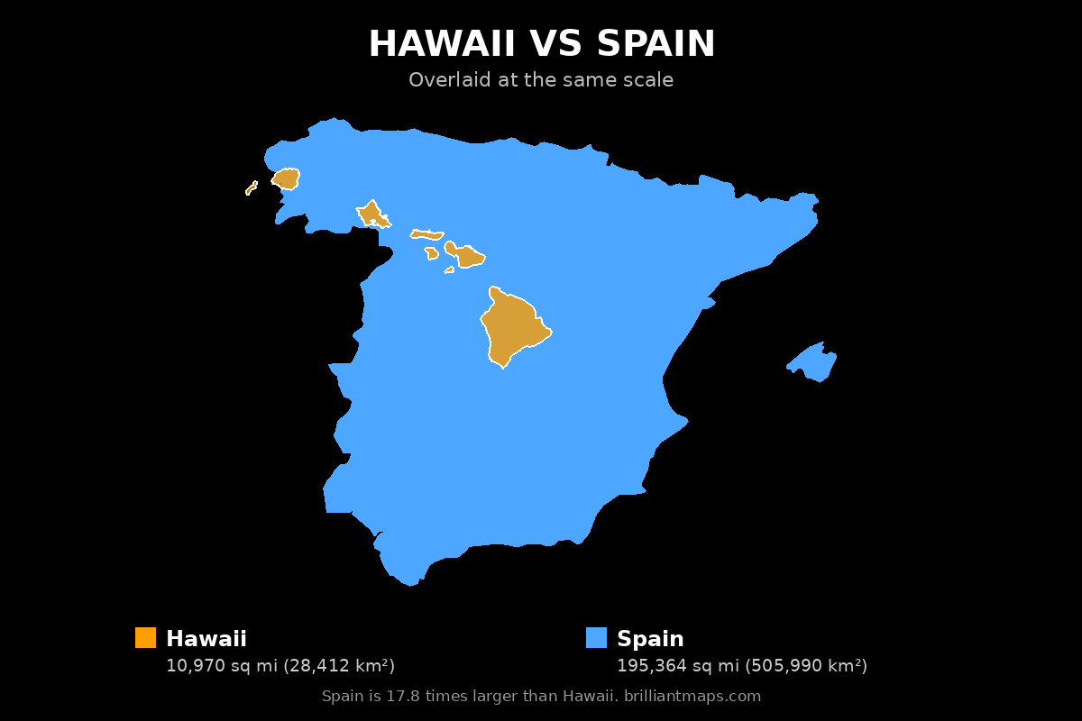 Hawaii vs Spain Size Comparison Map