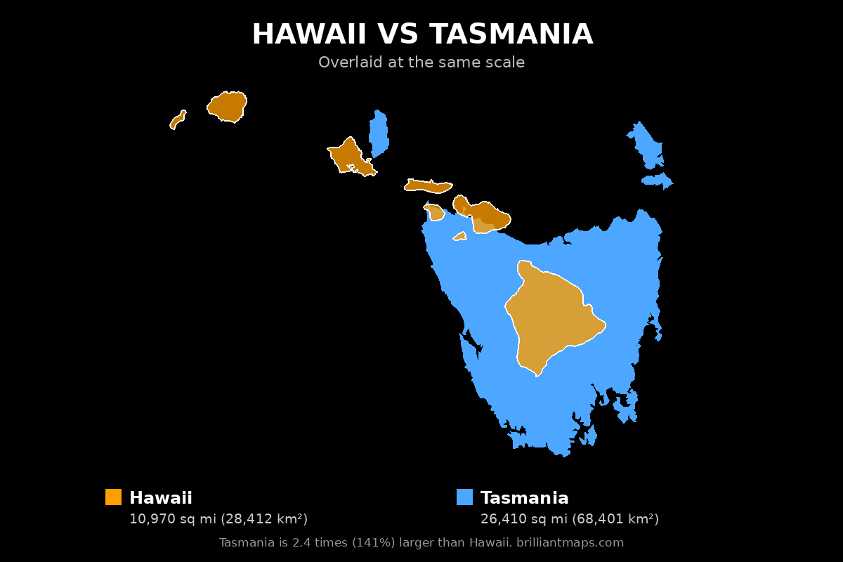 Hawaii vs Tasmania Size Comparison Map
