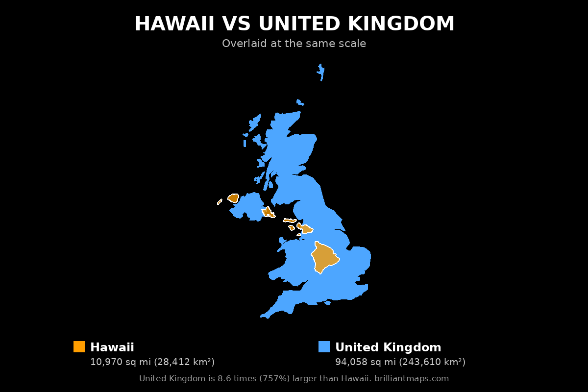 Hawaii vs United Kingdom Size Comparison Map