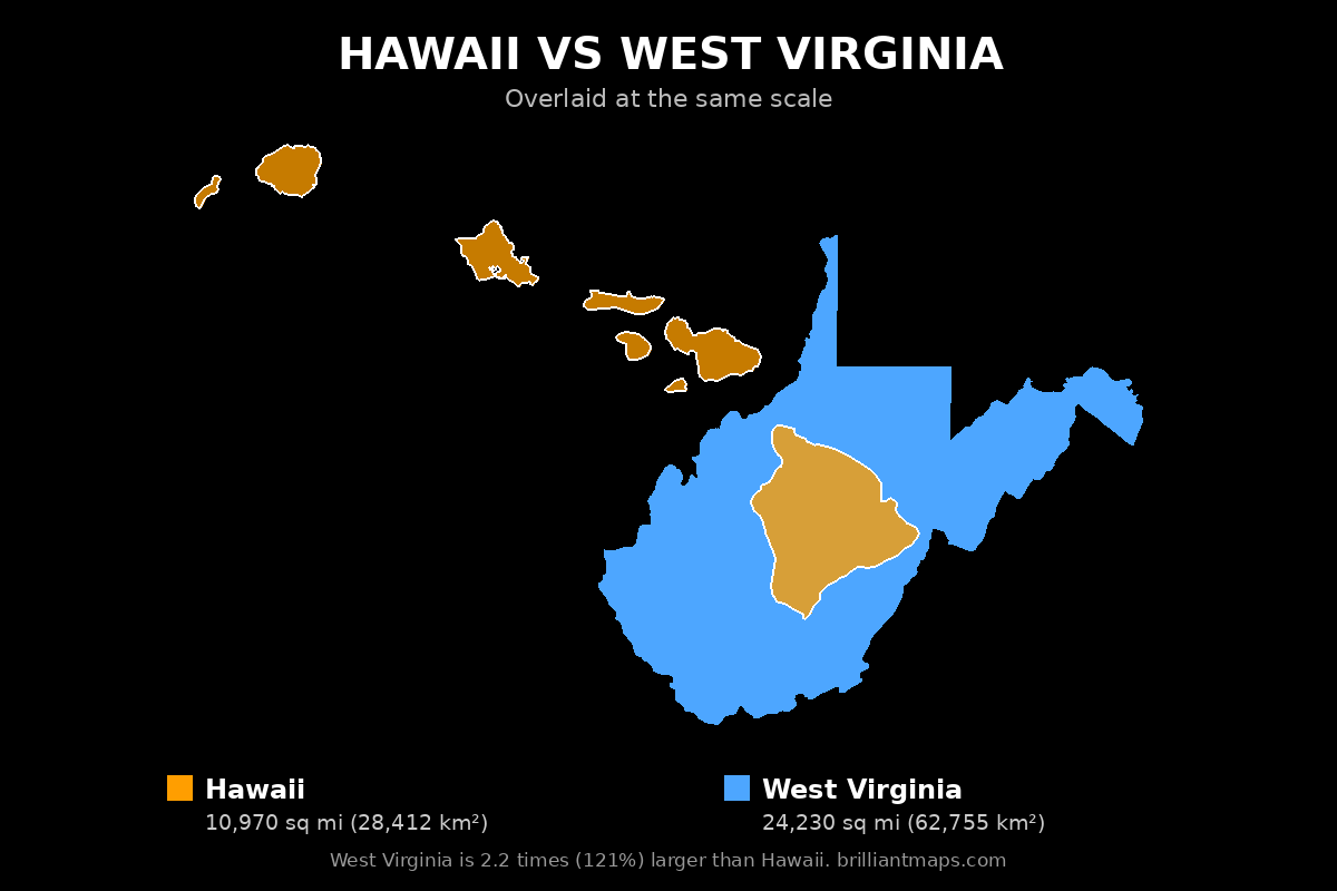 Hawaii vs West Virginia Size Comparison Map