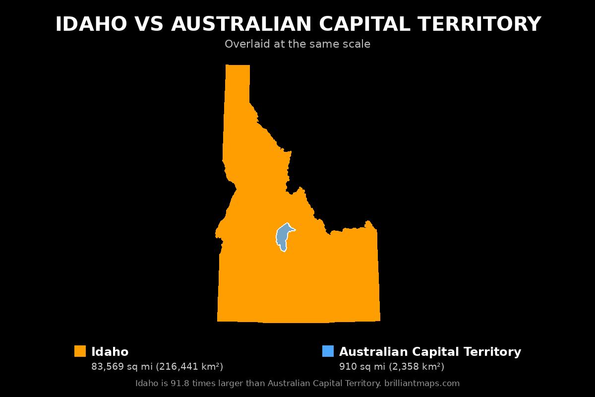 Idaho vs Australian Capital Territory Size Comparison Map