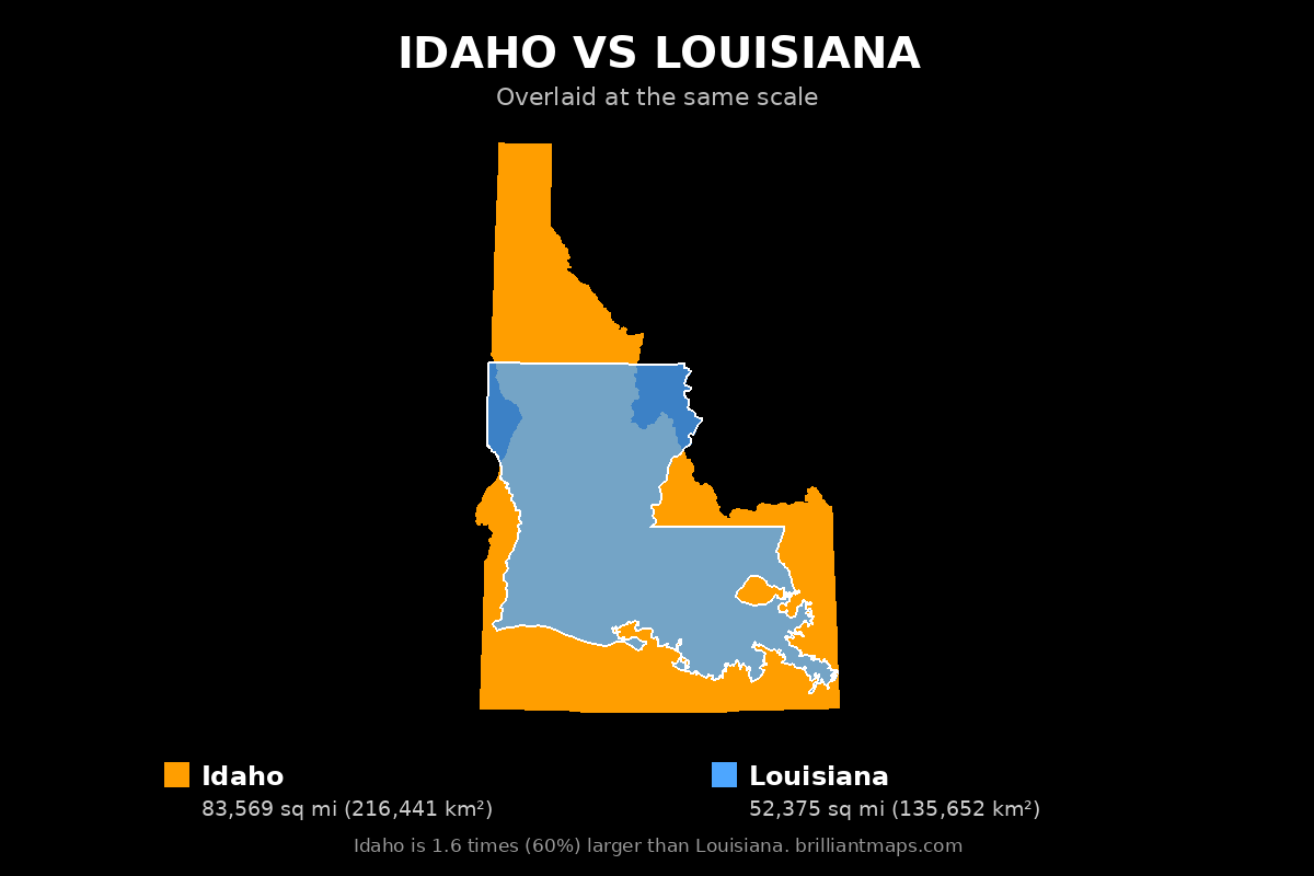 Idaho vs Louisiana Size Comparison Map