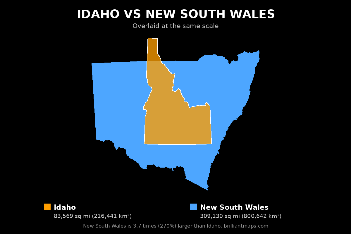 Idaho vs New South Wales Size Comparison Map