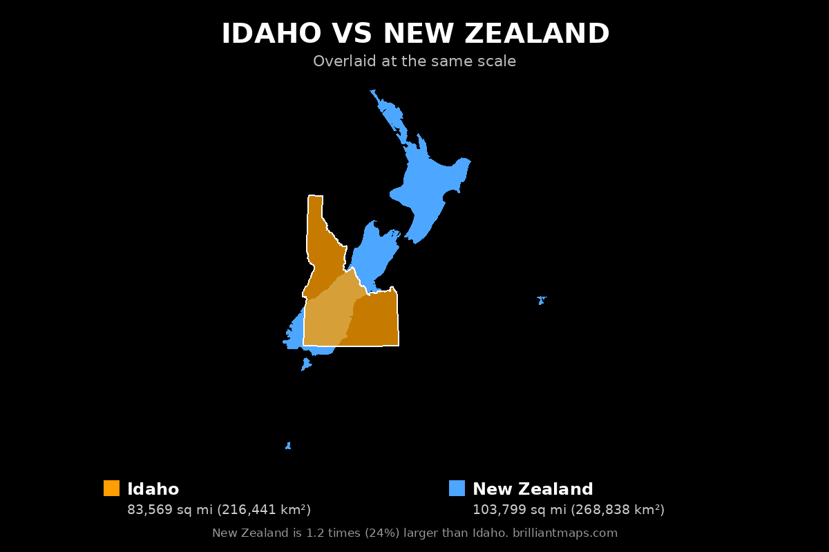 Idaho vs New Zealand Size Comparison Map