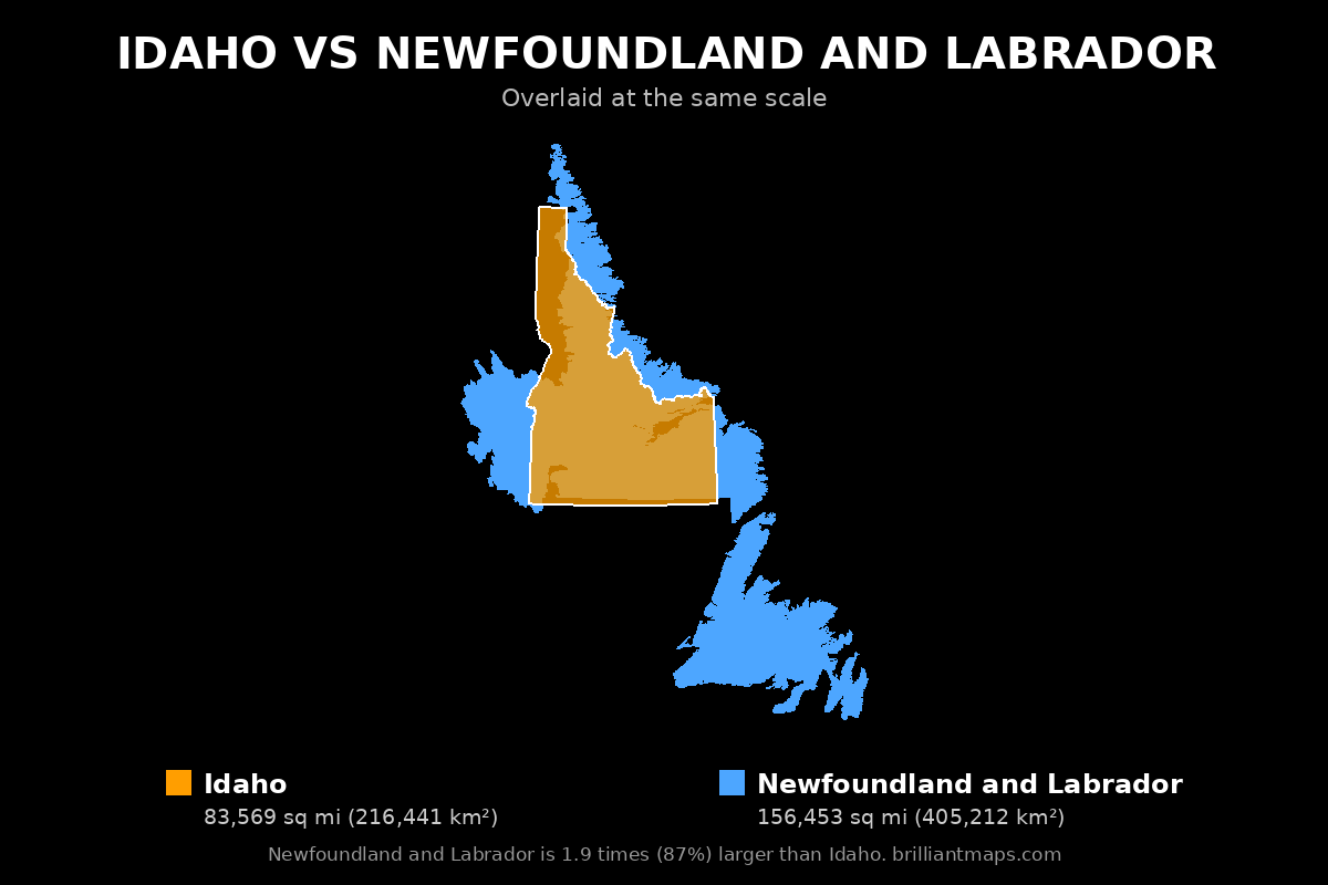 Idaho vs Newfoundland and Labrador Size Comparison Map