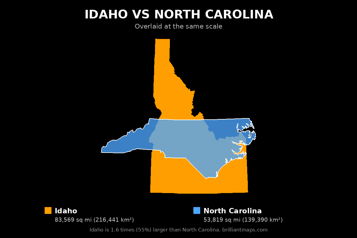 Idaho vs North Carolina Size Comparison Map