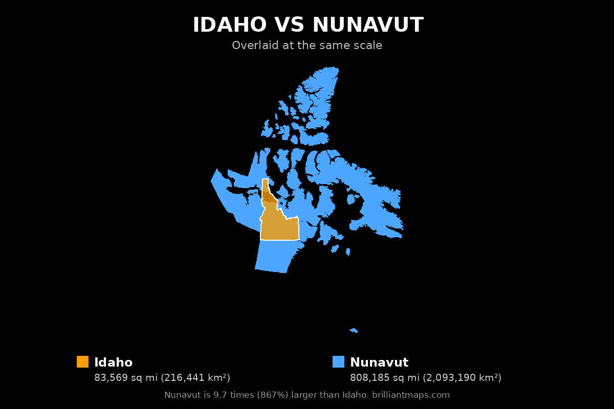 Idaho vs Nunavut Size Comparison Map