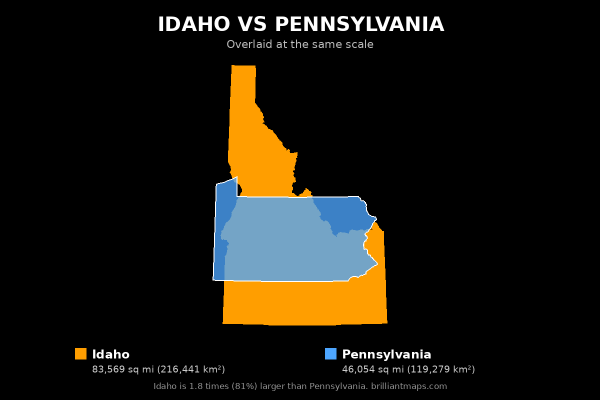 Idaho vs Pennsylvania Size Comparison Map