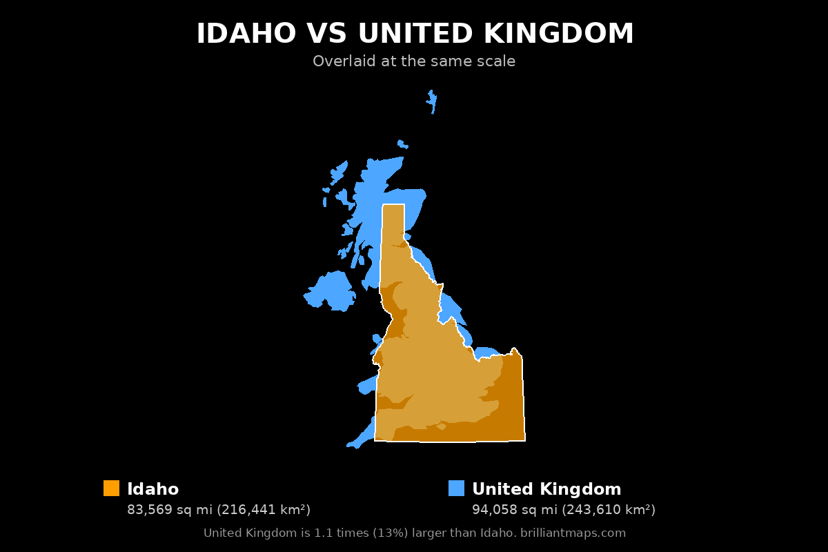 Idaho vs United Kingdom Size Comparison Map