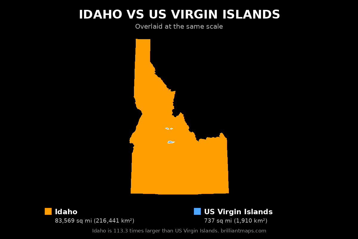 Idaho vs US Virgin Islands Size Comparison Map