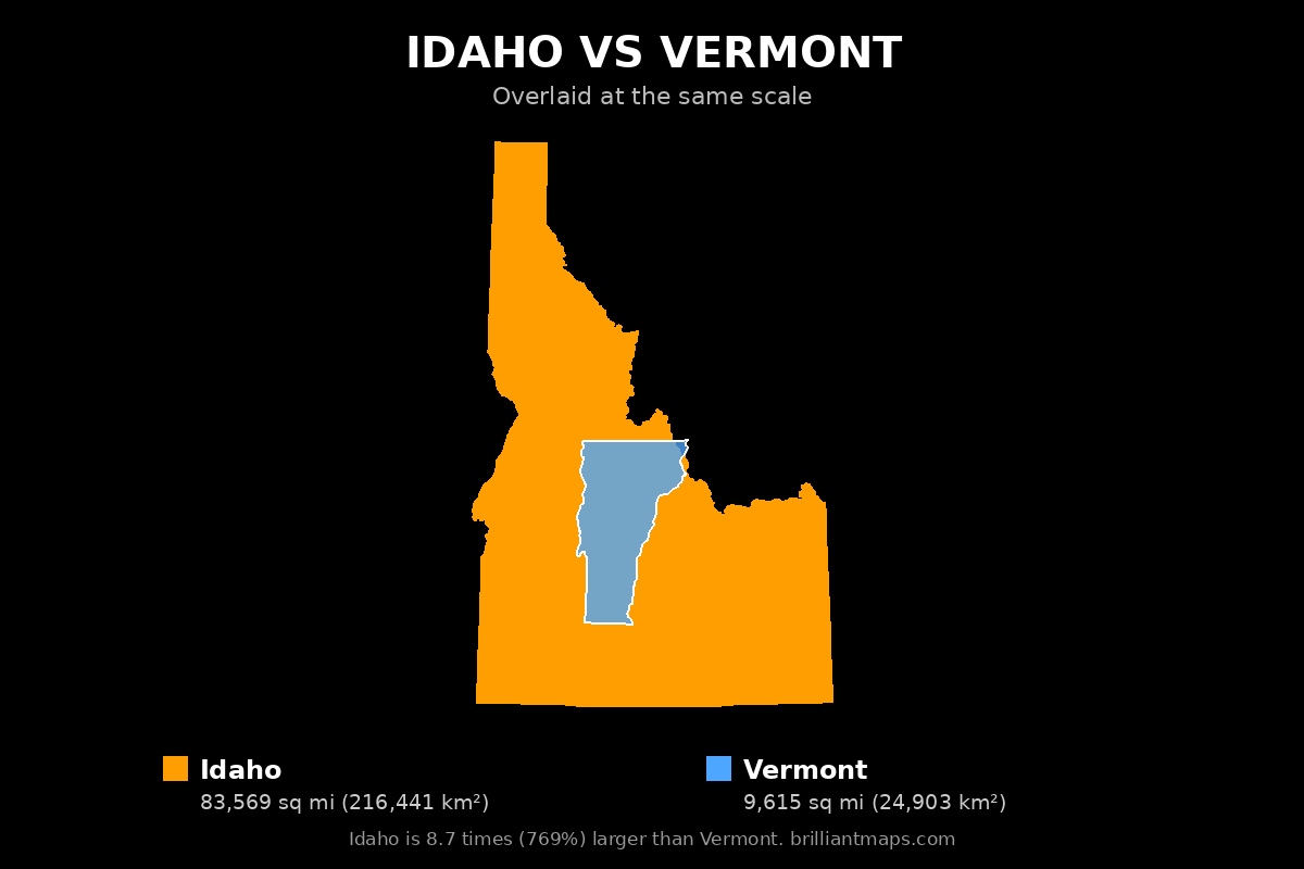 Idaho vs Vermont Size Comparison Map