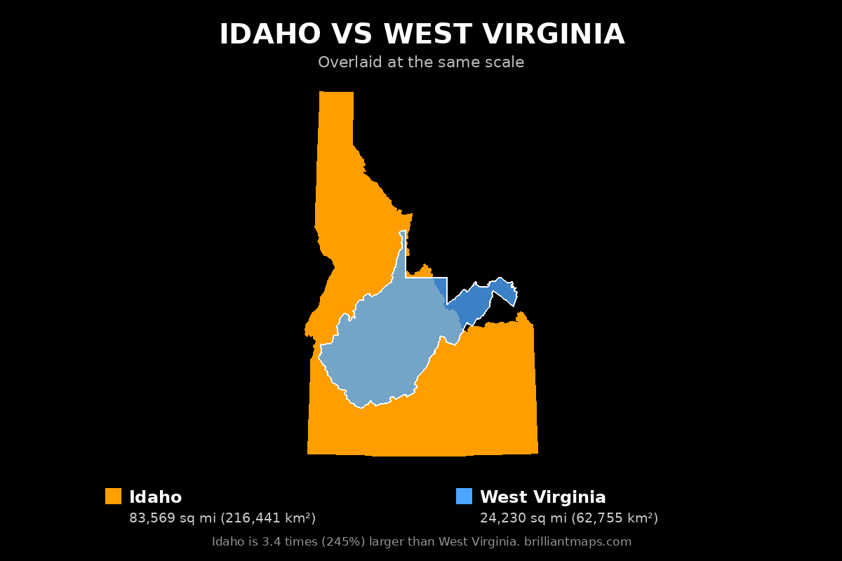 Idaho vs West Virginia Size Comparison Map