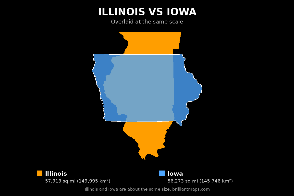 Illinois vs Iowa Size Comparison Map