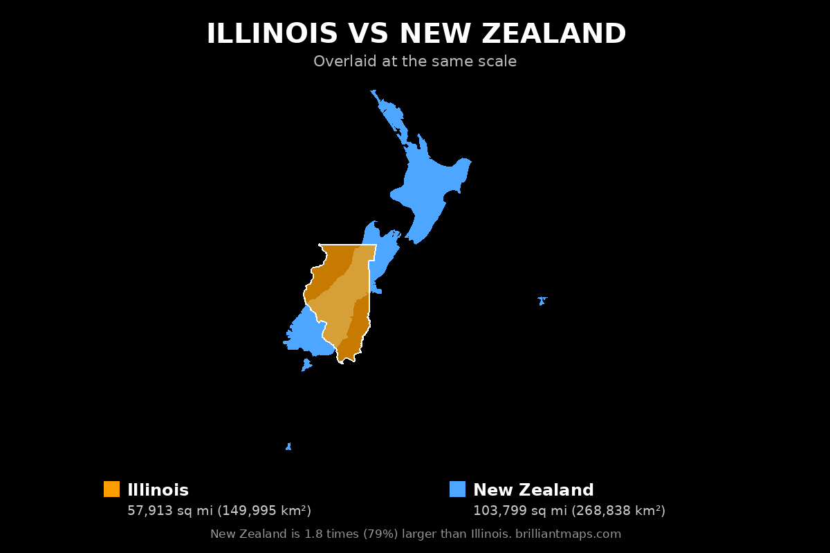 Illinois vs New Zealand Size Comparison Map