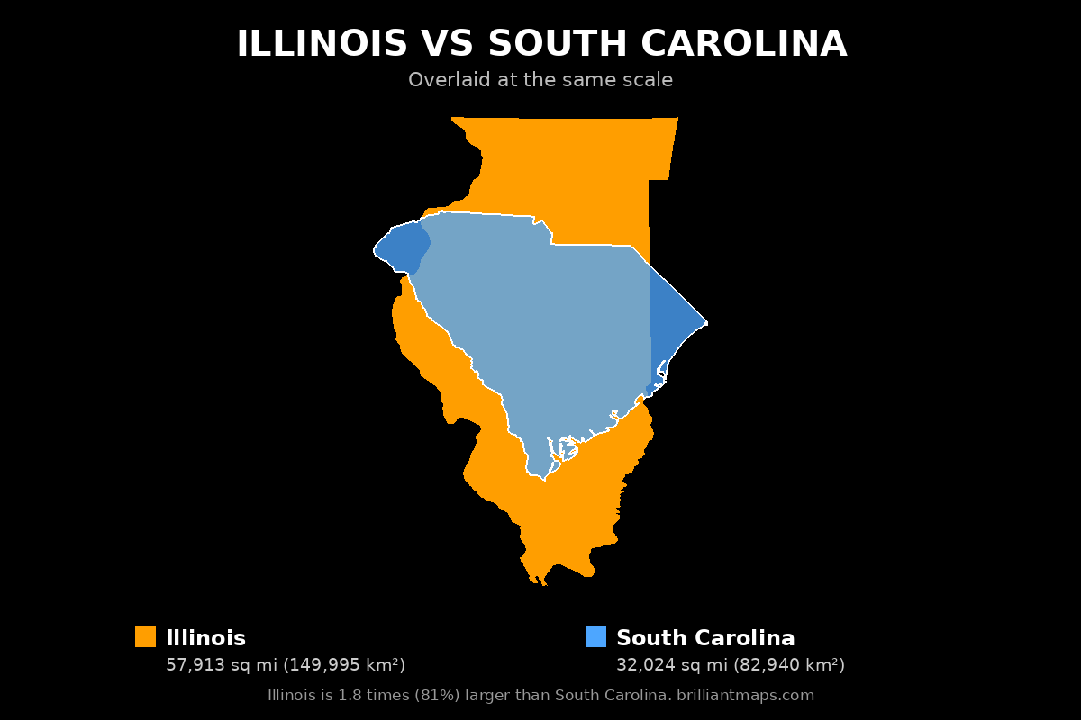Illinois vs South Carolina Size Comparison Map
