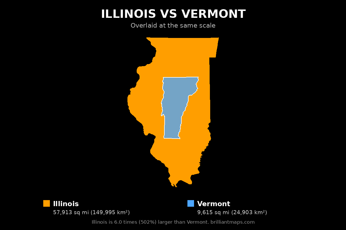 Illinois vs Vermont Size Comparison Map