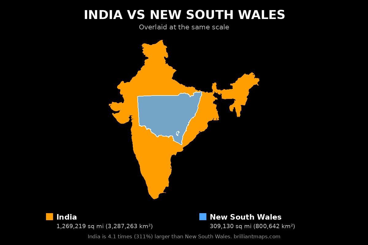 India vs New South Wales Size Comparison Map