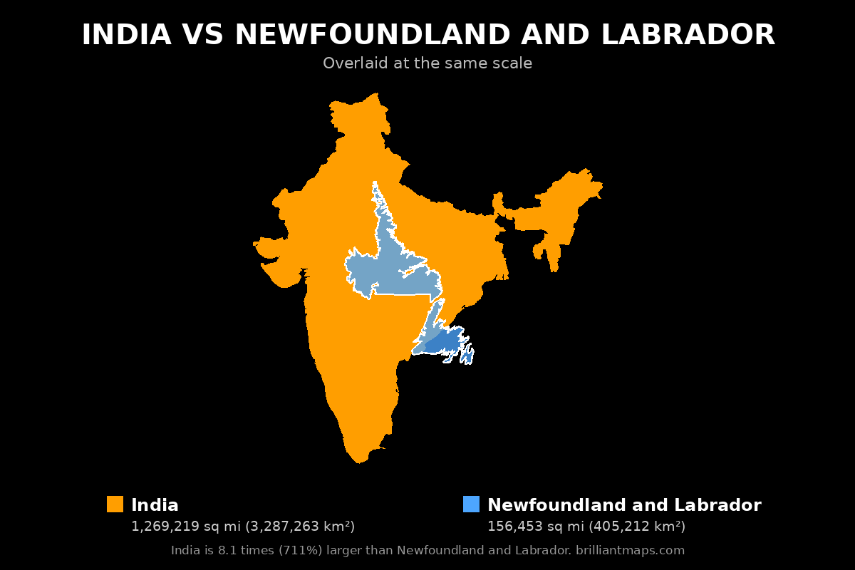 India vs Newfoundland and Labrador Size Comparison Map