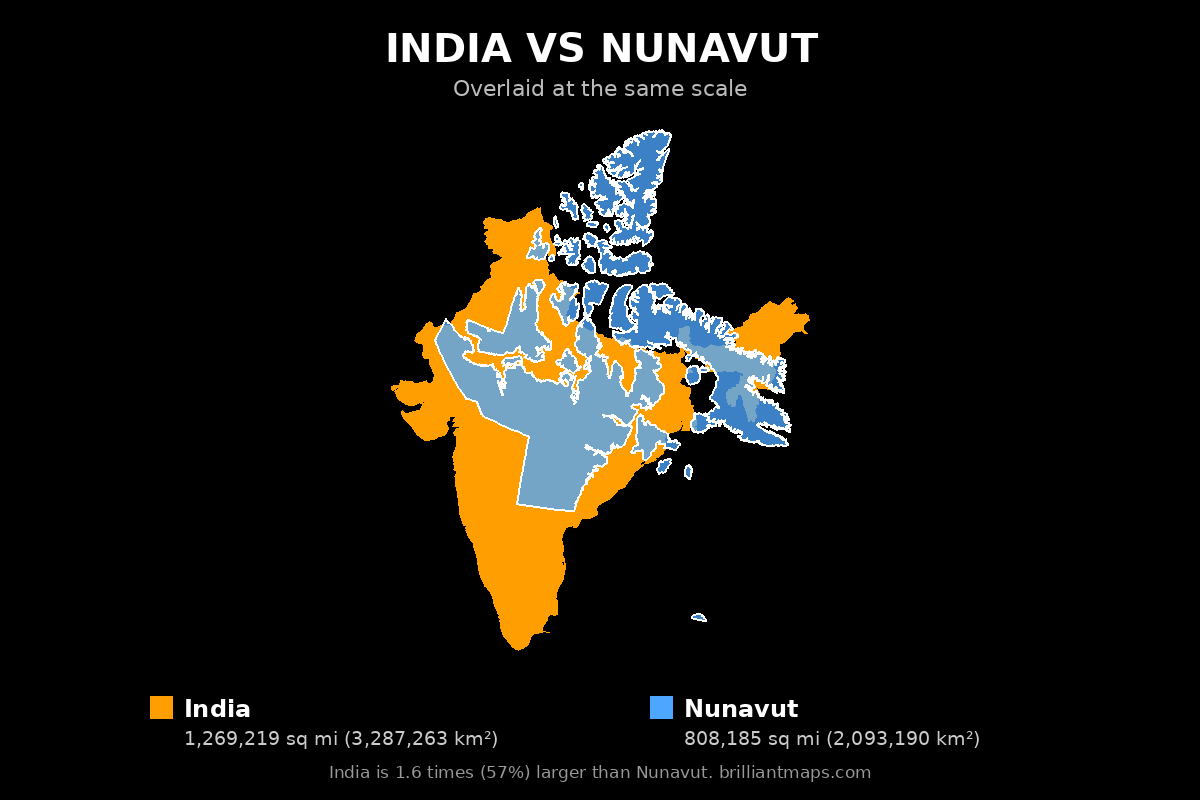 India vs Nunavut Size Comparison Map