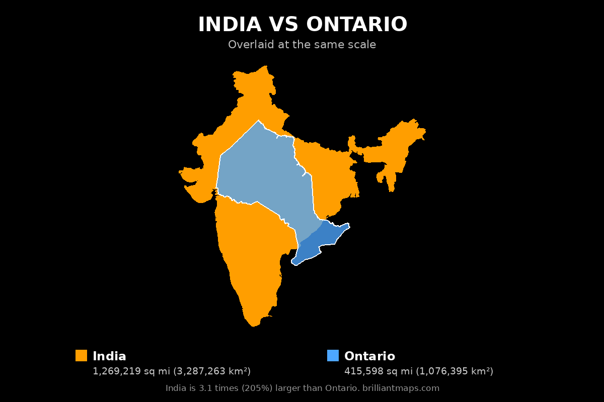 India vs Ontario Size Comparison Map