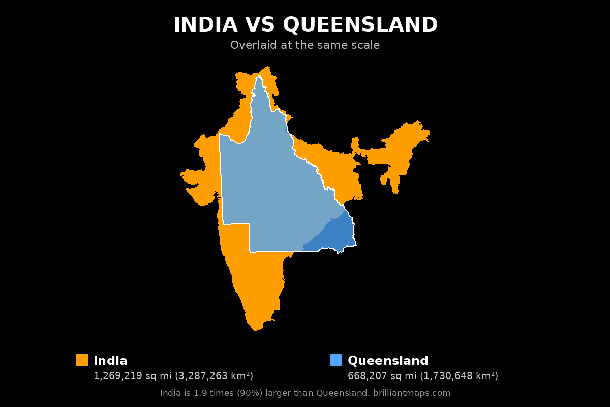 India vs Queensland Size Comparison Map