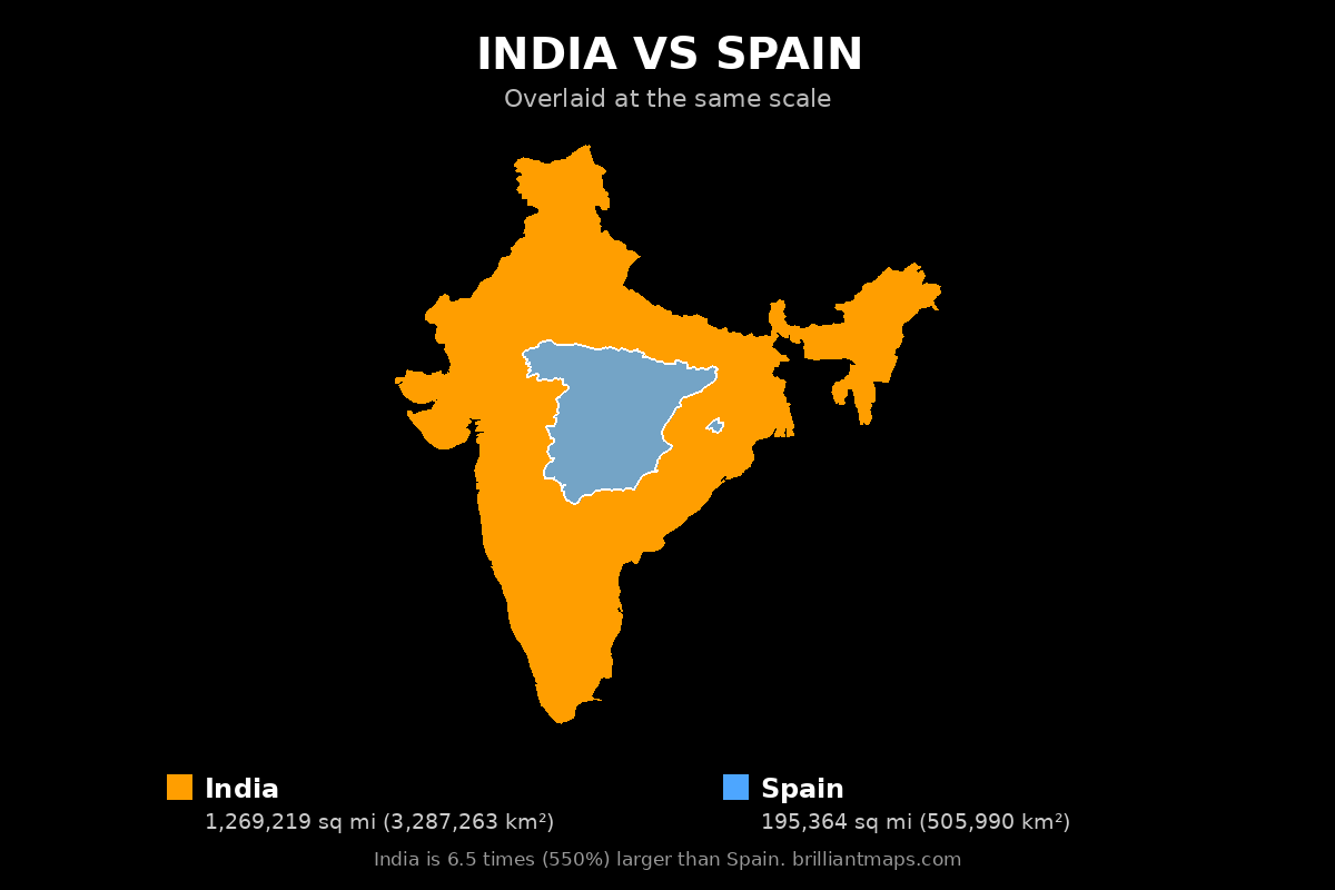 India vs Spain Size Comparison Map
