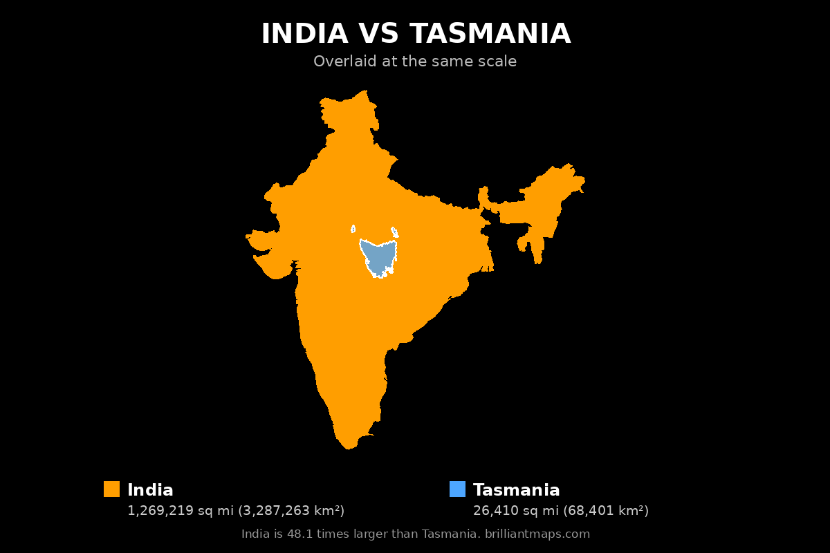 India vs Tasmania Size Comparison Map