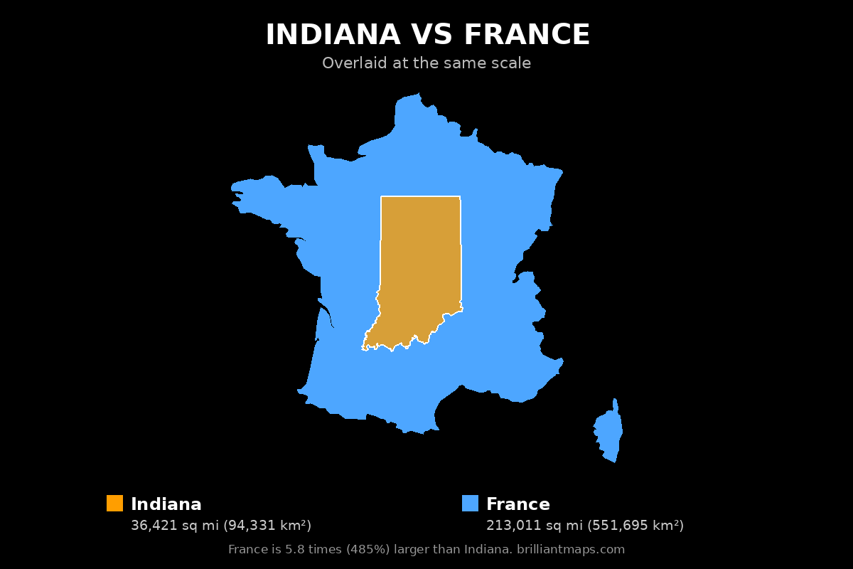 Indiana vs France Size Comparison Map