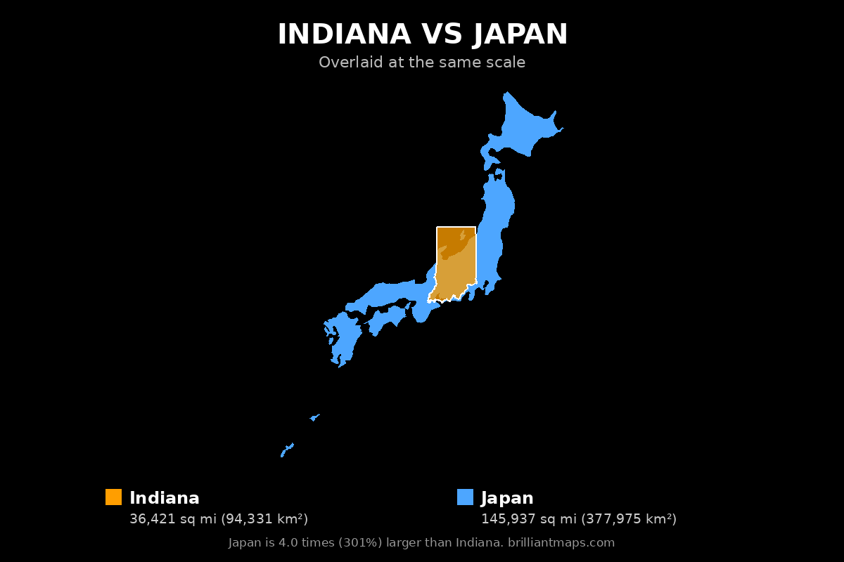 Indiana vs Japan Size Comparison Map