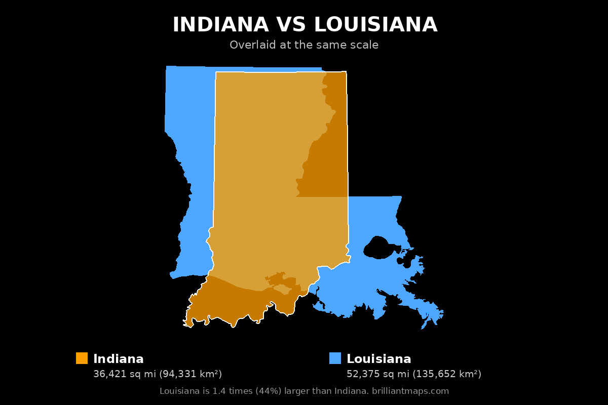 Indiana vs Louisiana Size Comparison Map
