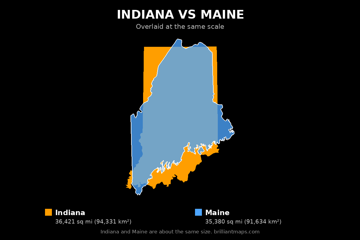 Indiana vs Maine Size Comparison Map