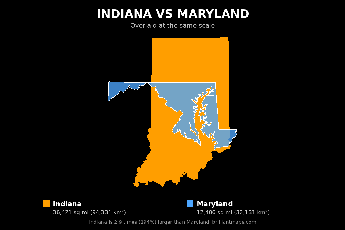 Indiana vs Maryland Size Comparison Map