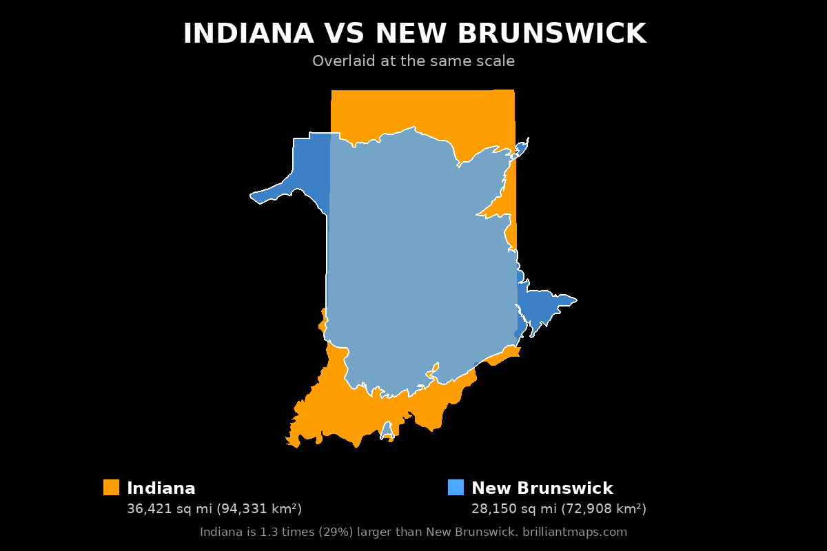 Indiana vs New Brunswick Size Comparison Map