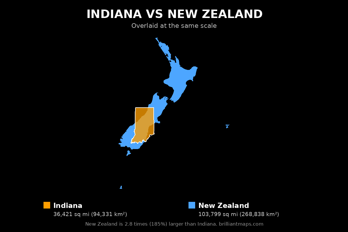 Indiana vs New Zealand Size Comparison Map