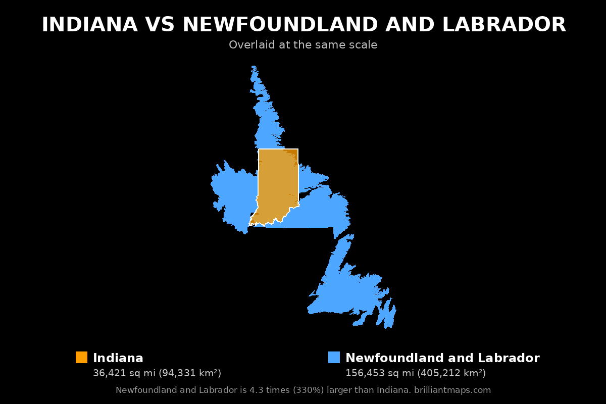 Indiana vs Newfoundland and Labrador Size Comparison Map