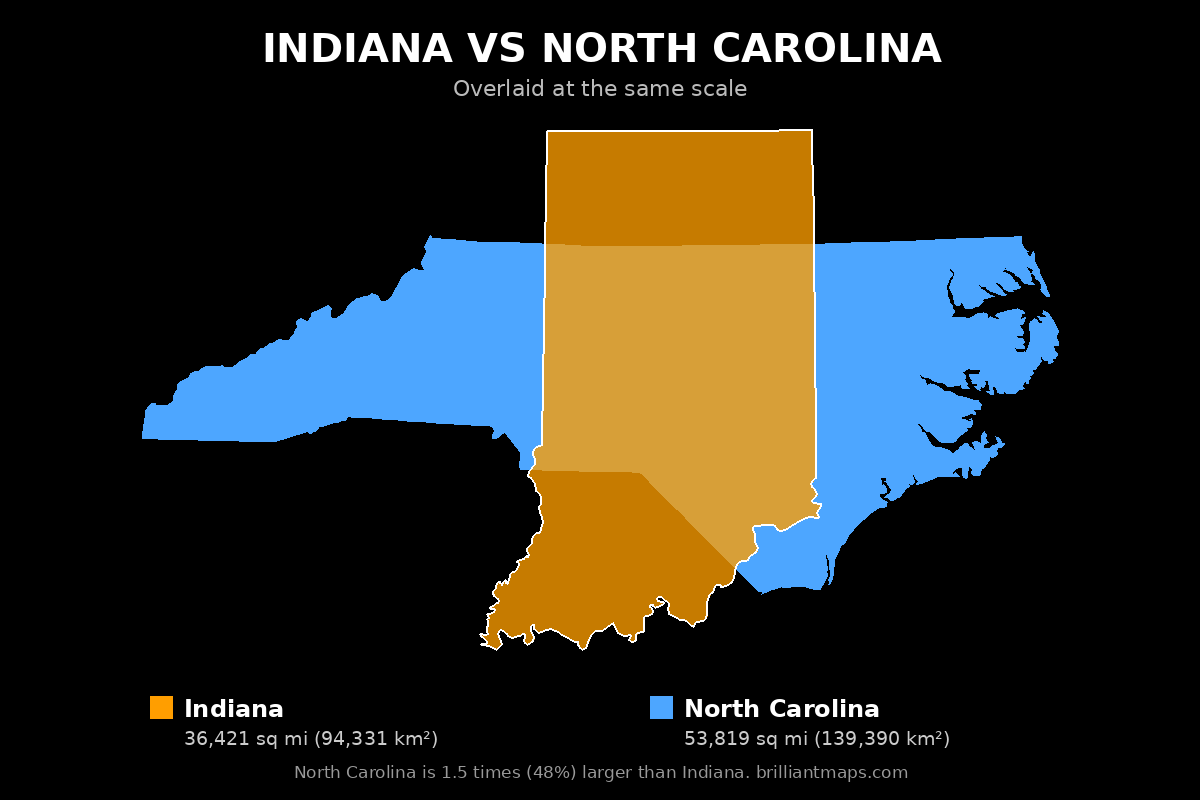 Indiana vs North Carolina Size Comparison Map
