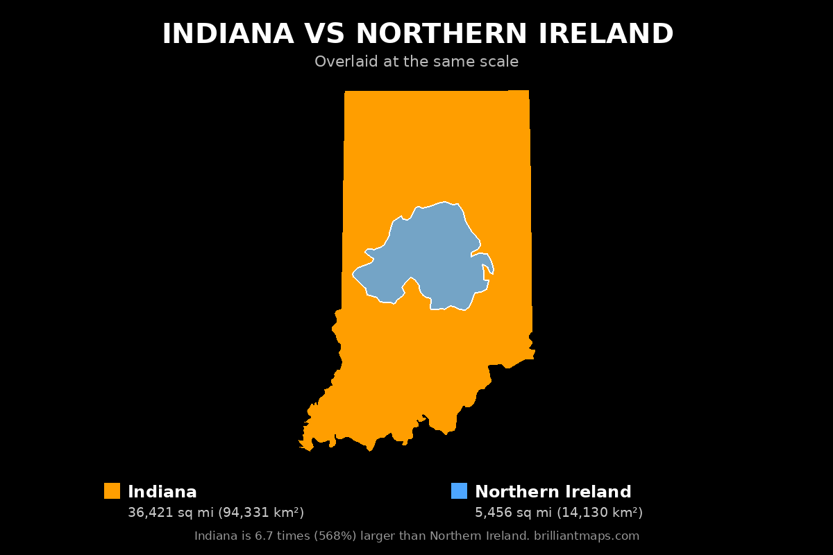 Indiana vs Northern Ireland Size Comparison Map