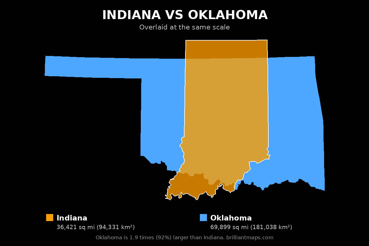Indiana vs Oklahoma Size Comparison Map
