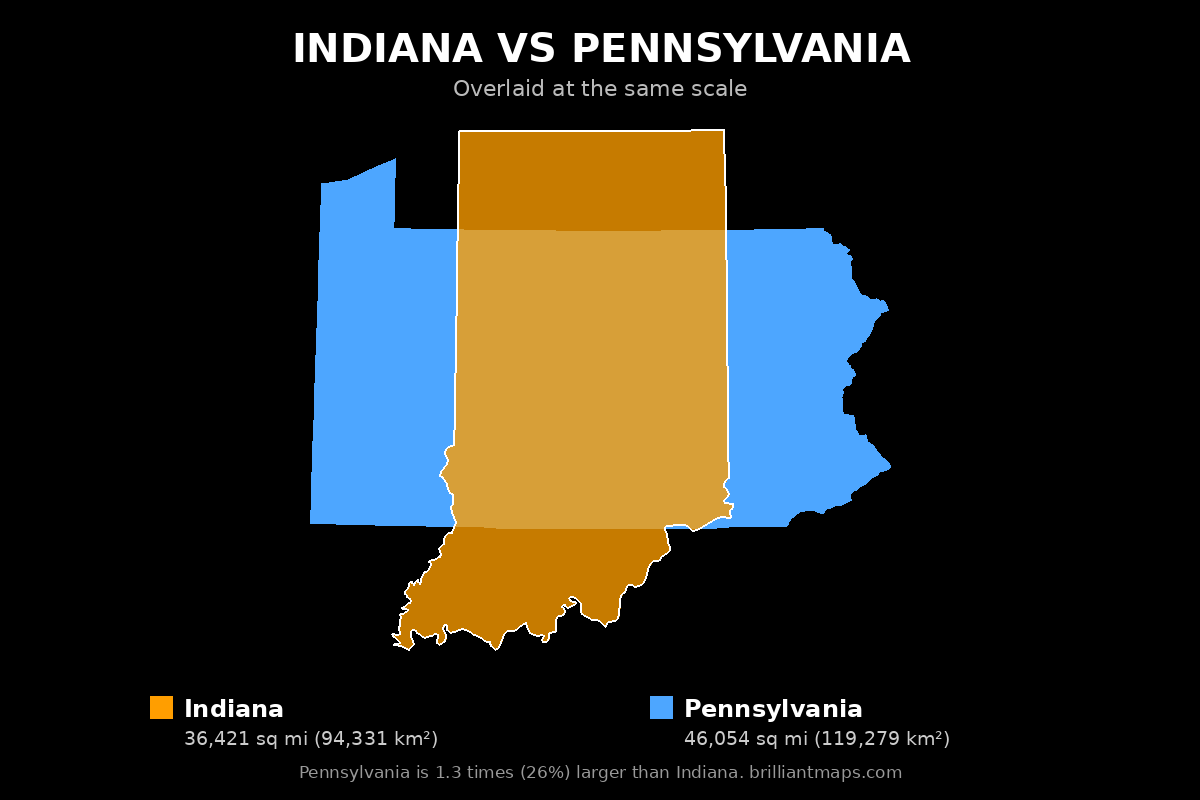 Indiana vs Pennsylvania Size Comparison Map