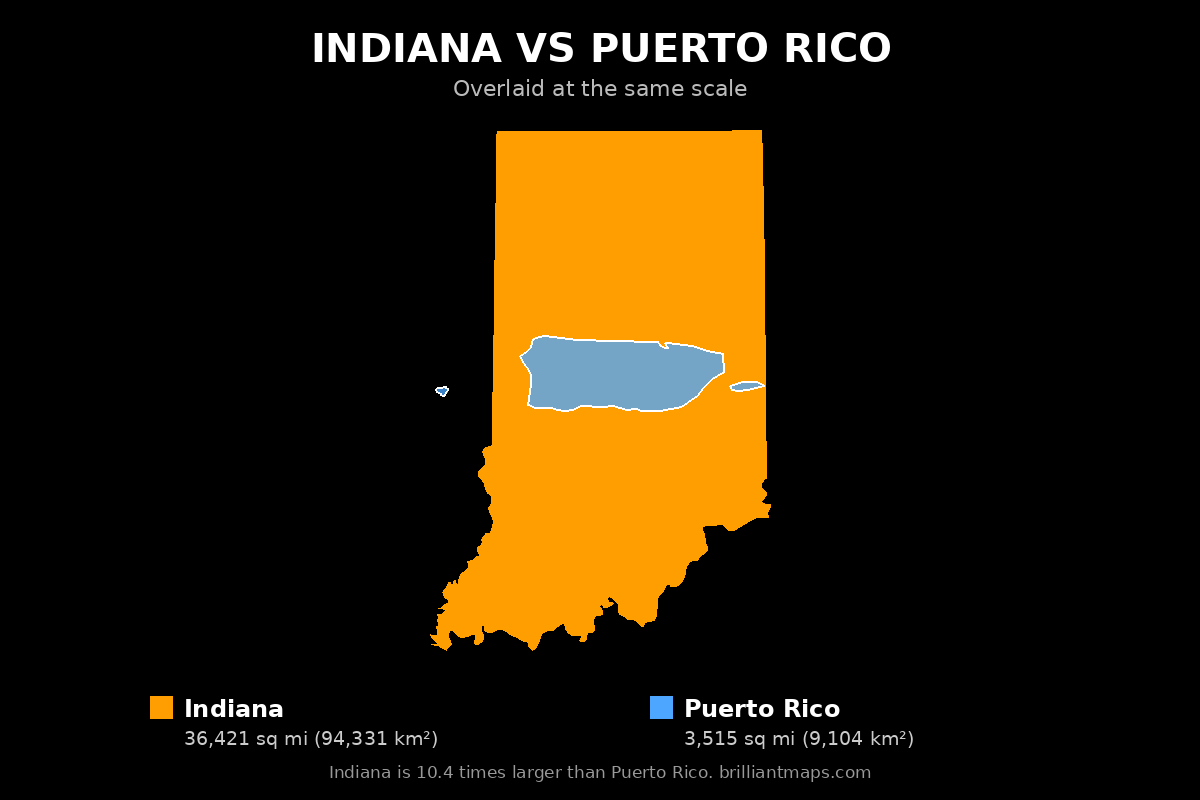 Indiana vs Puerto Rico Size Comparison Map