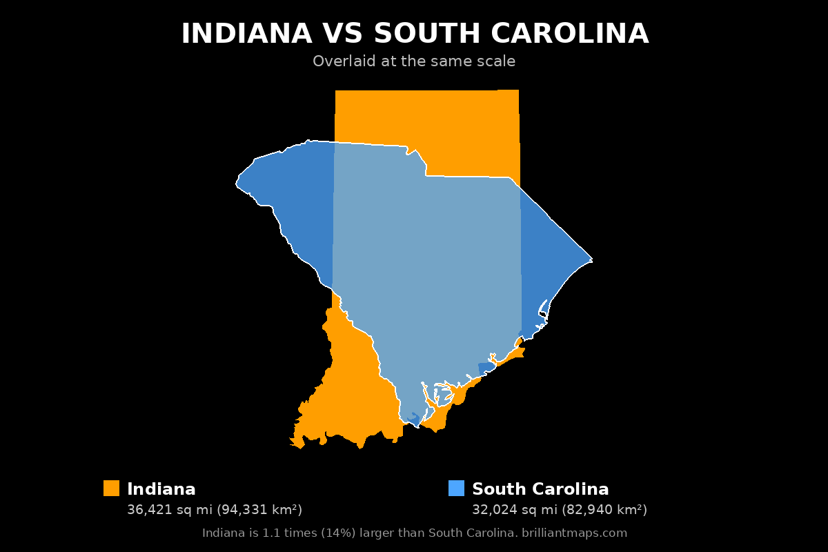 Indiana vs South Carolina Size Comparison Map