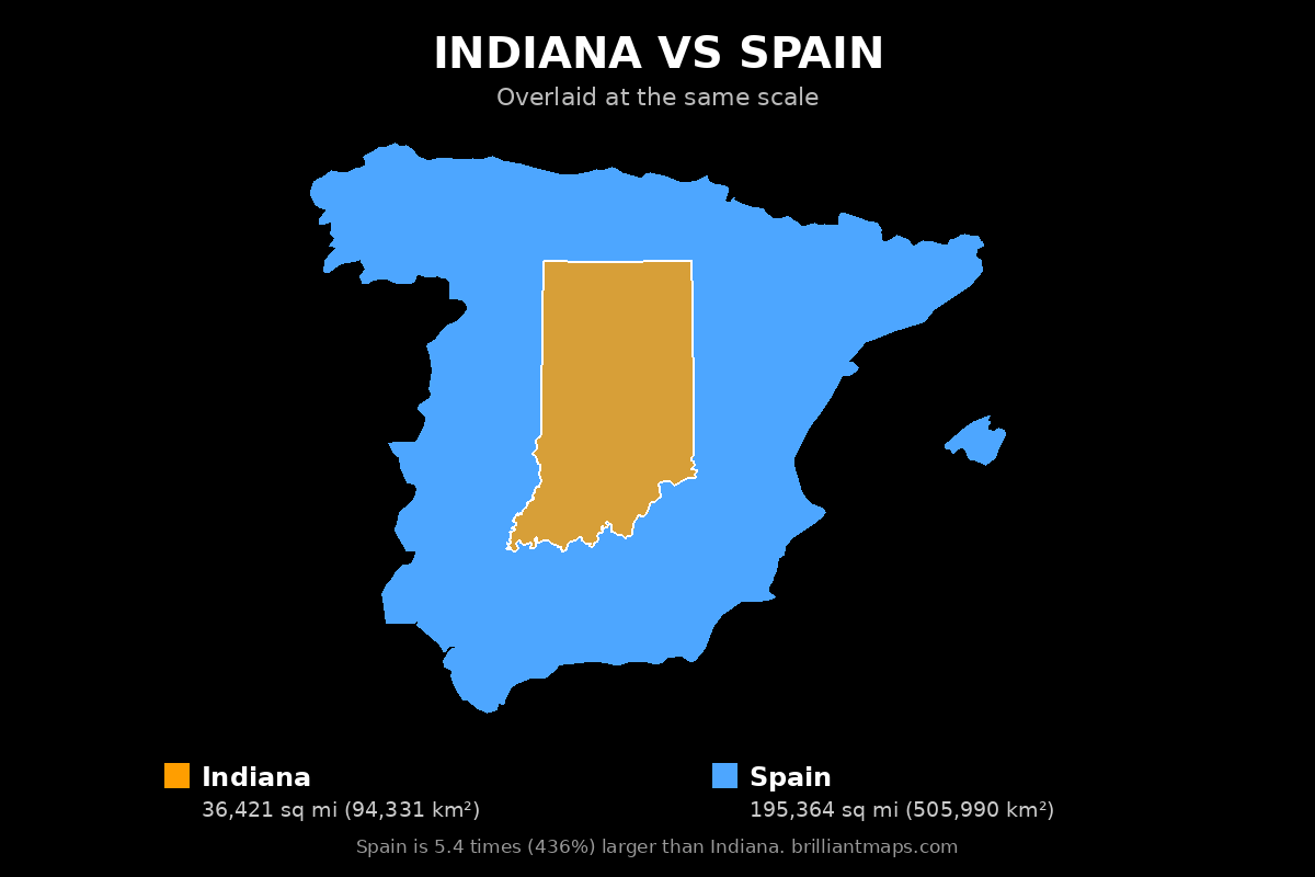 Indiana vs Spain Size Comparison Map